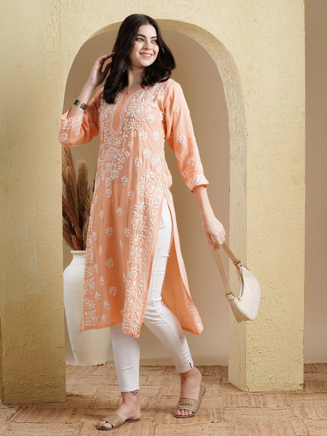 Ada Hand Embroidered Peach Modal Lucknowi Chikankari Straight Kurta A411556