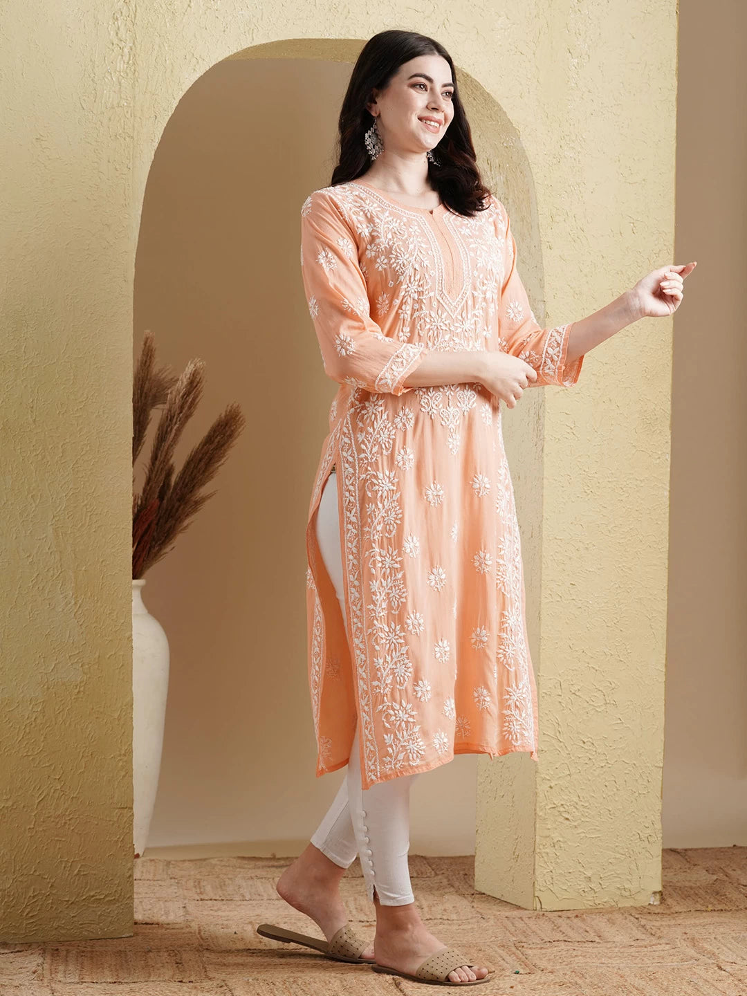 Ada Hand Embroidered Peach Modal Lucknowi Chikankari Straight Kurta A411556
