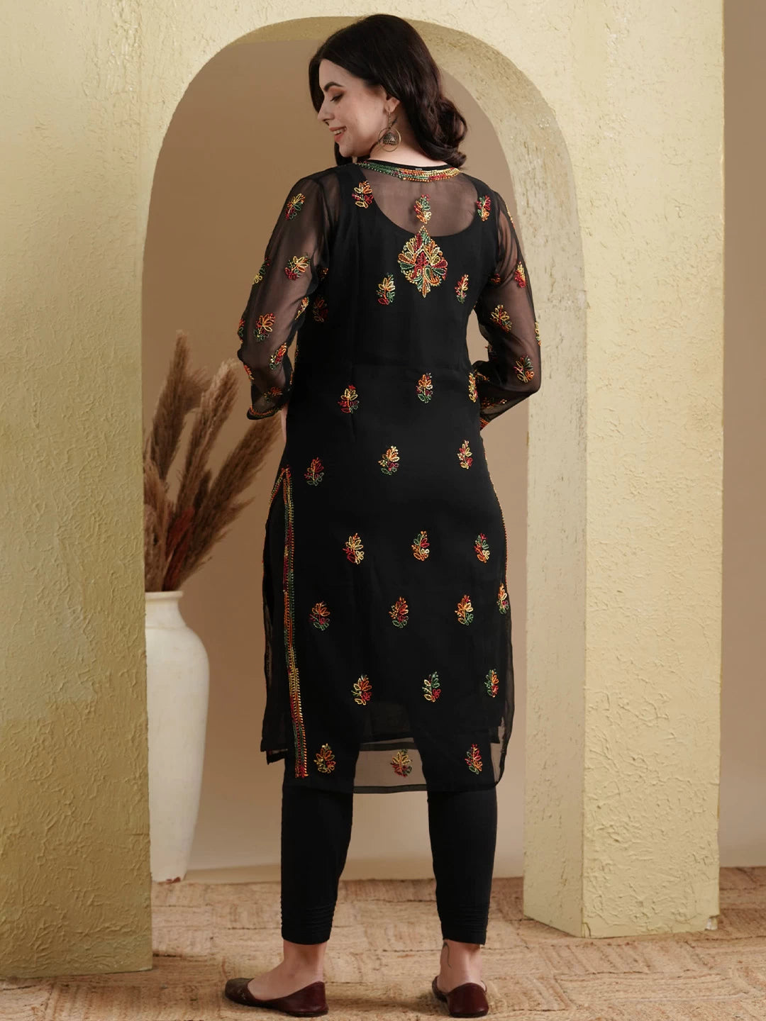 Ada Hand Embroidered Black Georgette Lucknowi Chikankari Kurta with Slip A411154