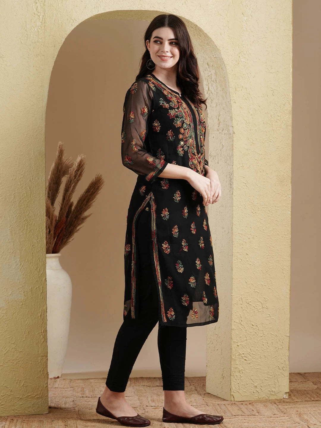Ada Hand Embroidered Black Georgette Lucknowi Chikankari Kurta with Slip A411154