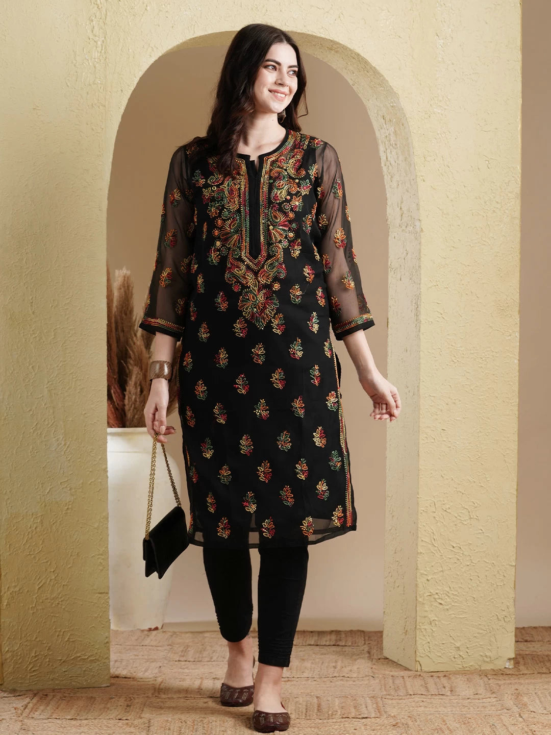 Ada Hand Embroidered Black Georgette Lucknowi Chikankari Kurta with Slip A411154