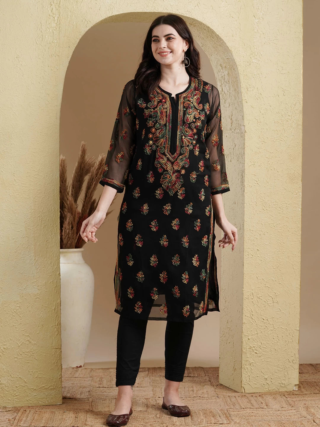 Ada Hand Embroidered Black Georgette Lucknowi Chikankari Kurta with Slip A411154