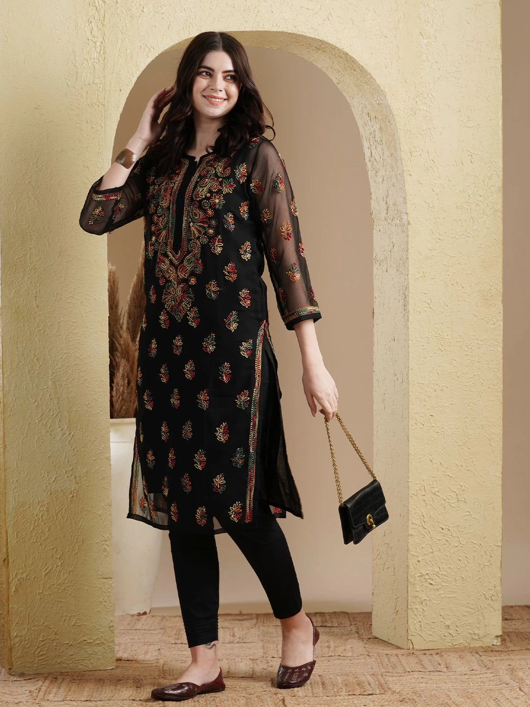 Ada Hand Embroidered Black Georgette Lucknowi Chikankari Kurta with Slip A411154