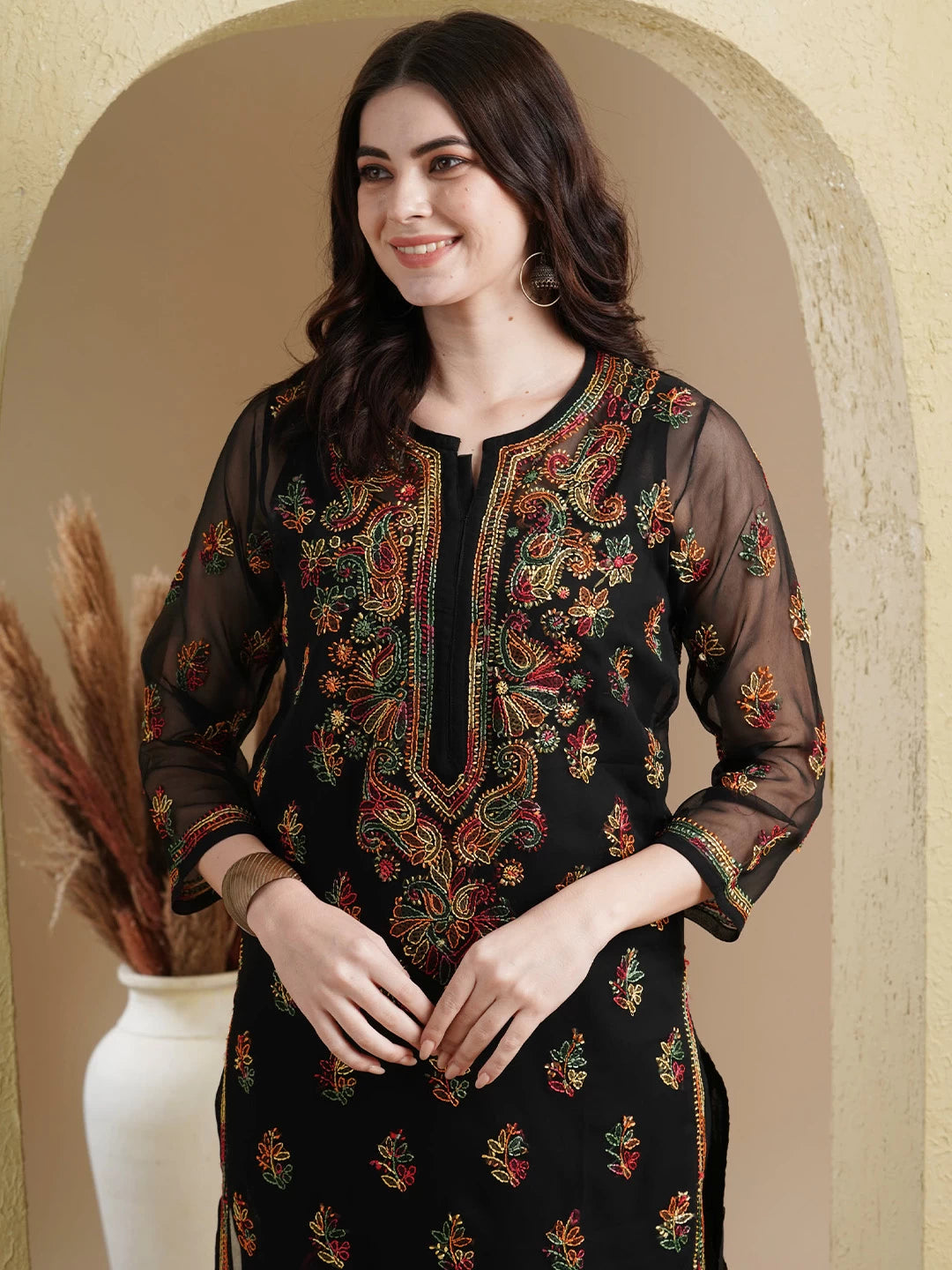 Ada Hand Embroidered Black Georgette Lucknowi Chikankari Kurta with Slip A411154