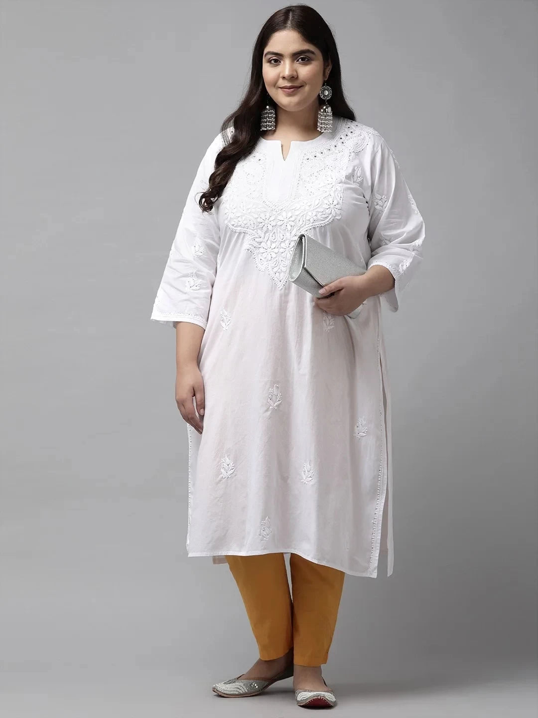Ada Hand Embroidered White Cotton Lucknowi Chikankari Straight Kurta with Muqaish Work A411370