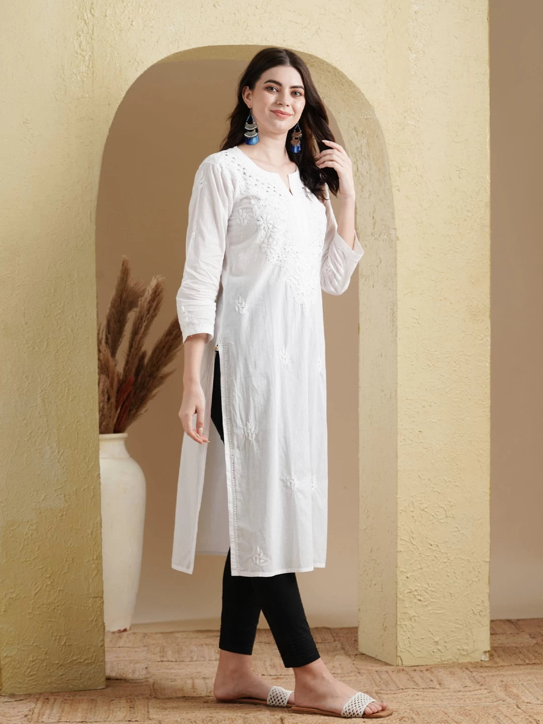 Ada Hand Embroidered White Cotton Lucknowi Chikankari Straight Kurta with Muqaish Work A411370