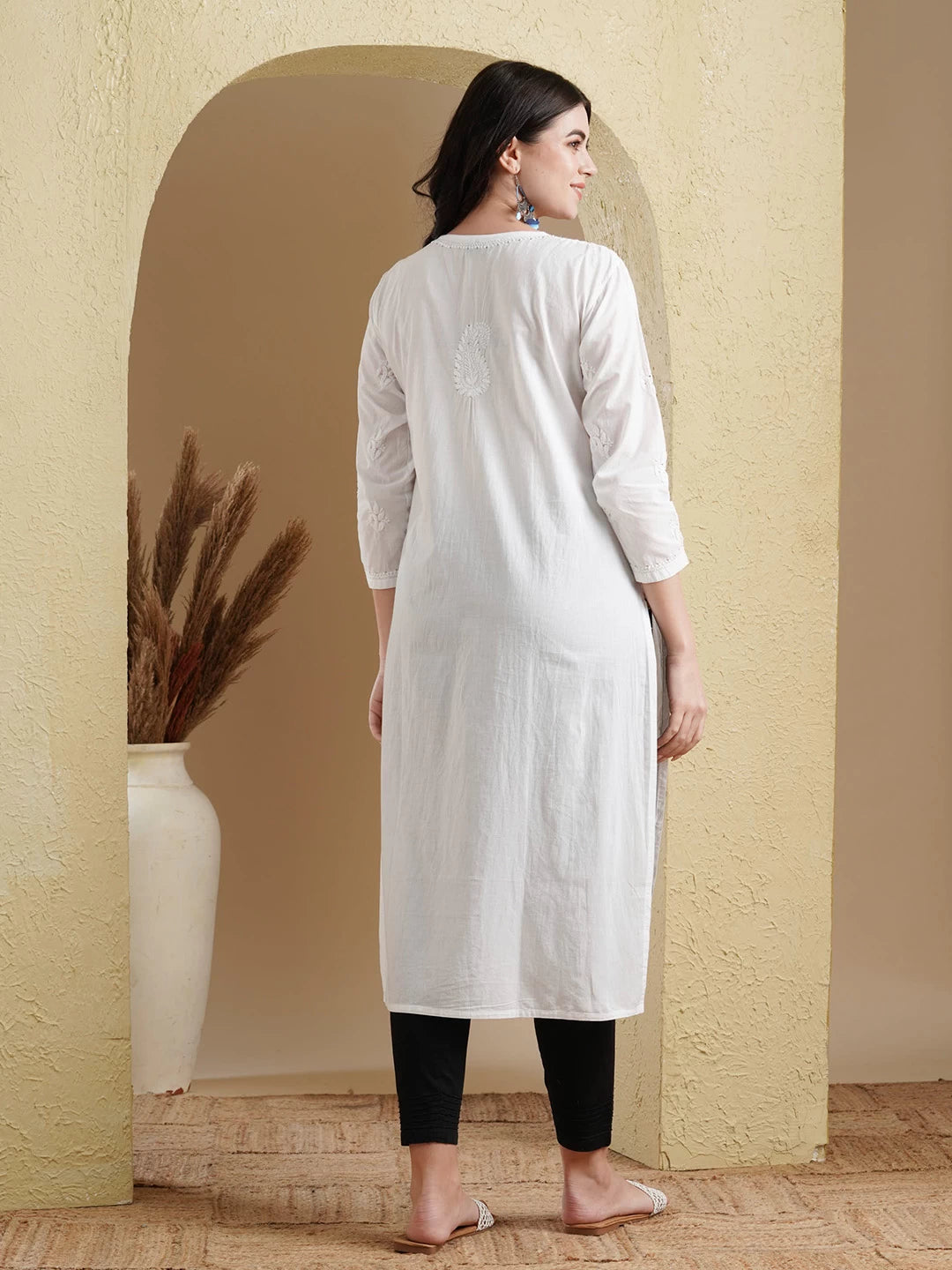 Ada Hand Embroidered White Cotton Lucknowi Chikankari Straight Kurta with Muqaish Work A411370