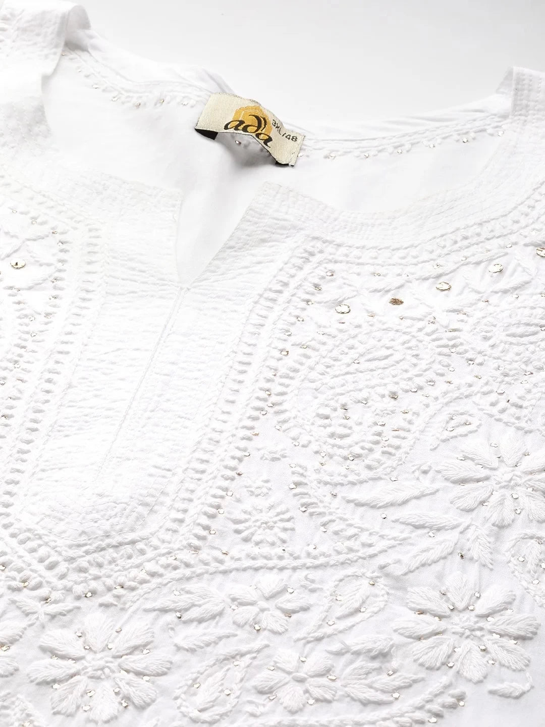 Ada Hand Embroidered White Cotton Lucknowi Chikankari Straight Kurta with Muqaish Work A411370