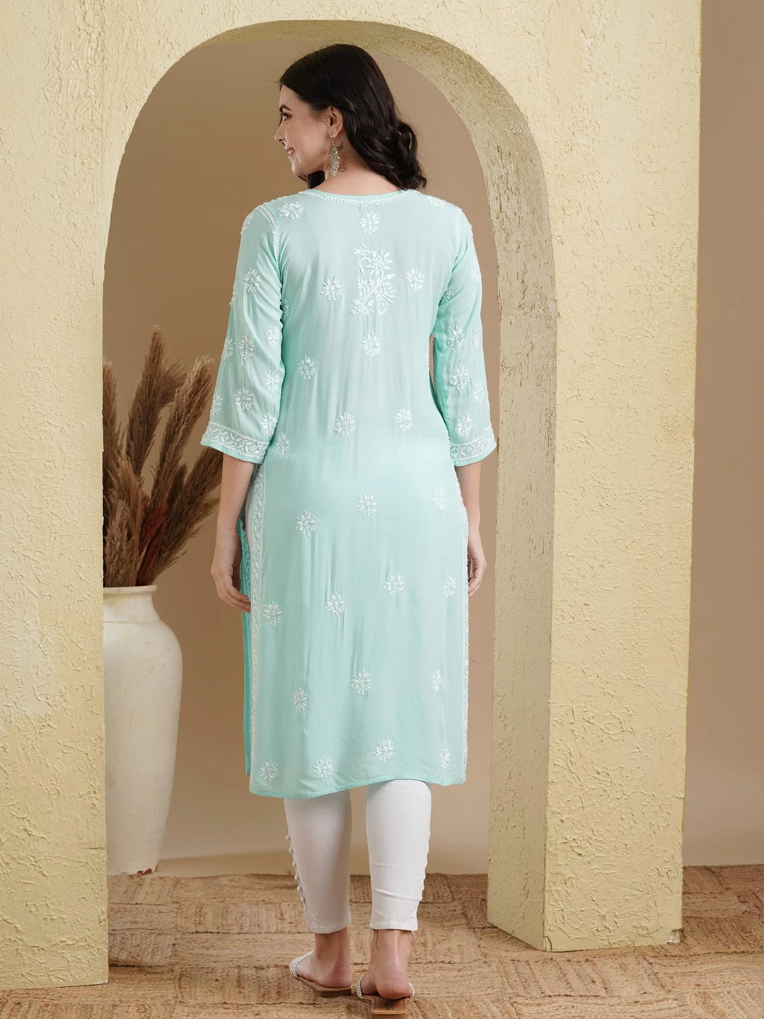 Ada Hand Embroidered Sea Green Modal Lucknowi Chikankari Straight Kurta A411553