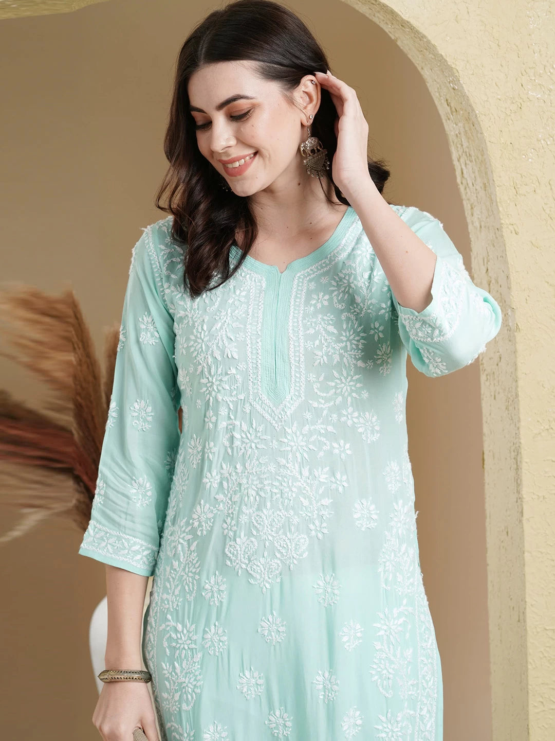 Ada Hand Embroidered Sea Green Modal Lucknowi Chikankari Straight Kurta A411553