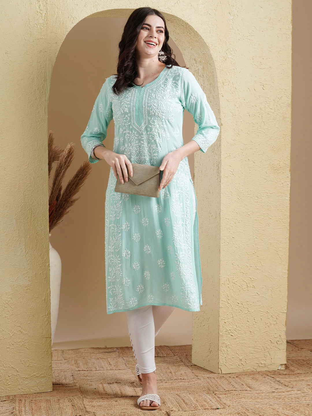 Ada Hand Embroidered Sea Green Modal Lucknowi Chikankari Straight Kurta A411553