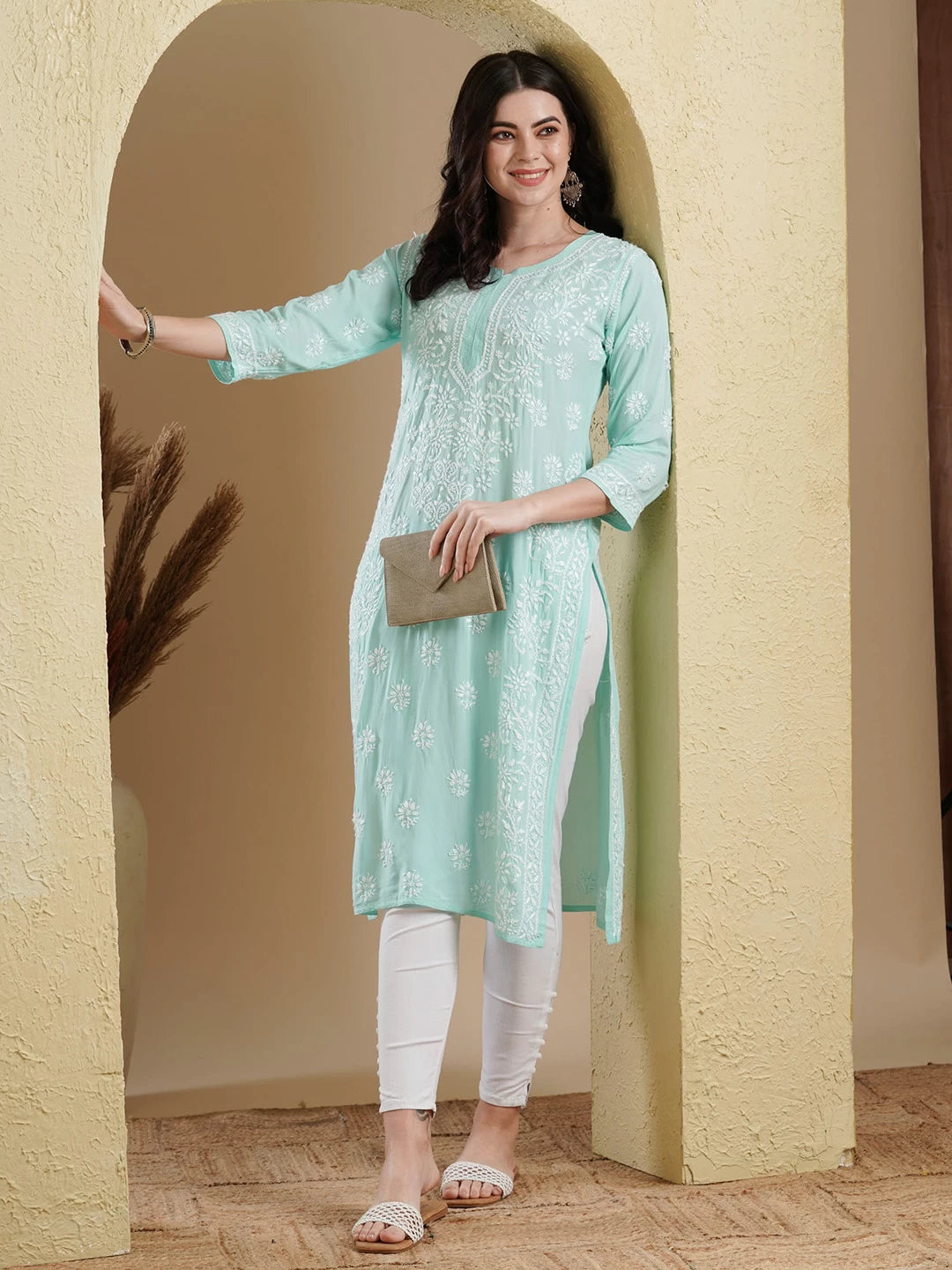 Ada Hand Embroidered Sea Green Modal Lucknowi Chikankari Straight Kurta A411553