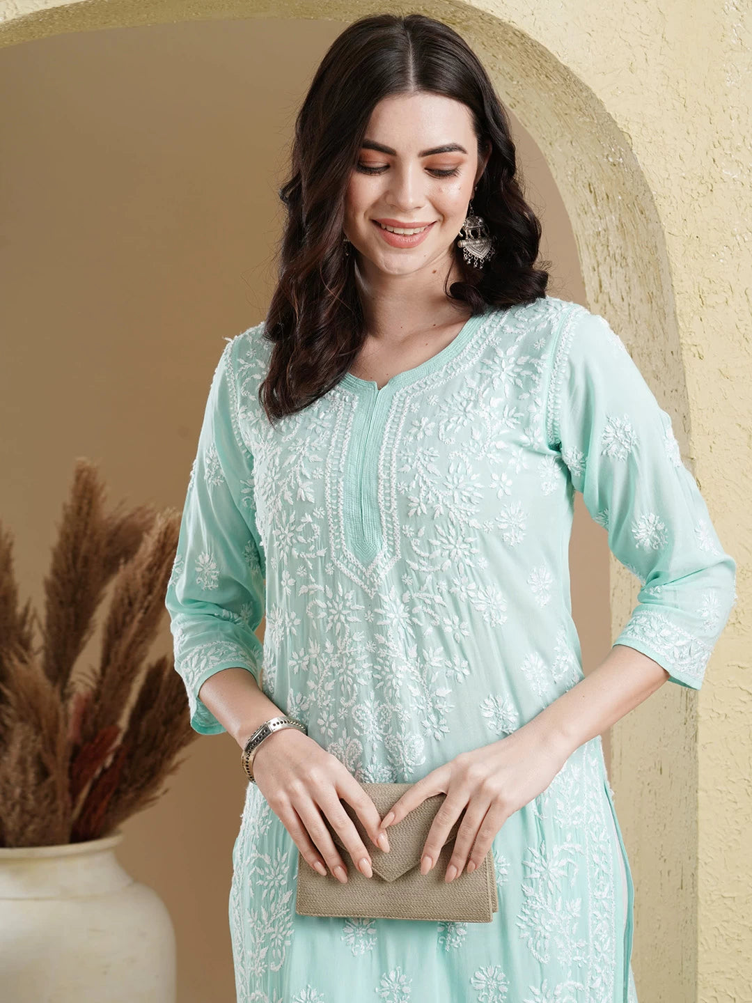 Ada Hand Embroidered Sea Green Modal Lucknowi Chikankari Straight Kurta A411553