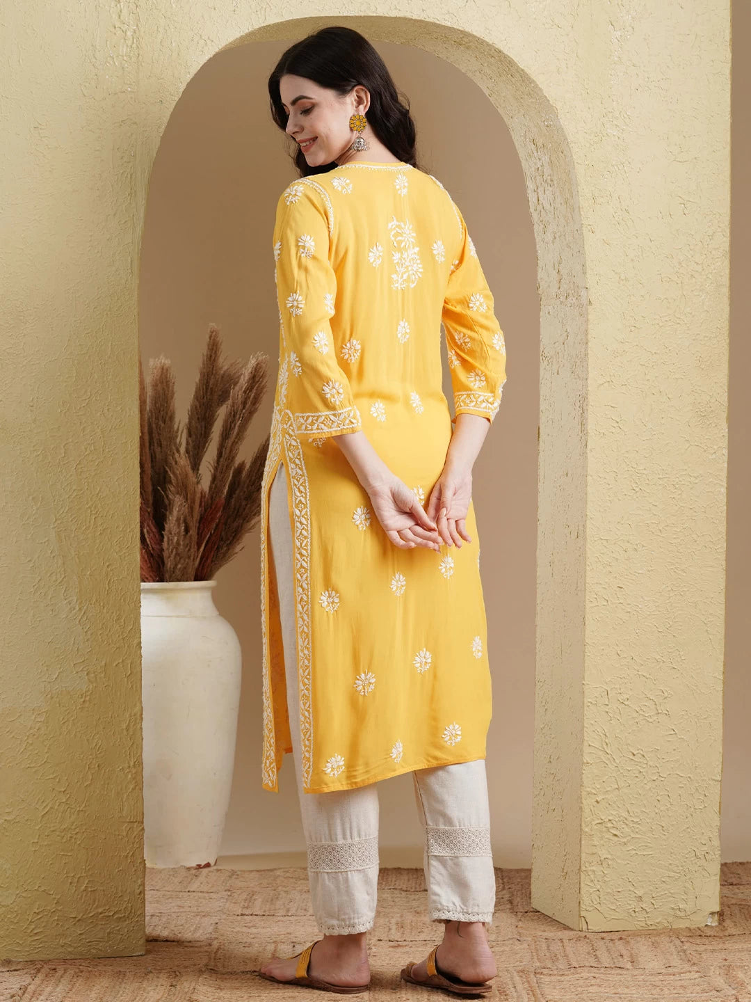 Ada Hand Embroidered Yellow Modal Lucknowi Chikankari Straight Kurta A411554