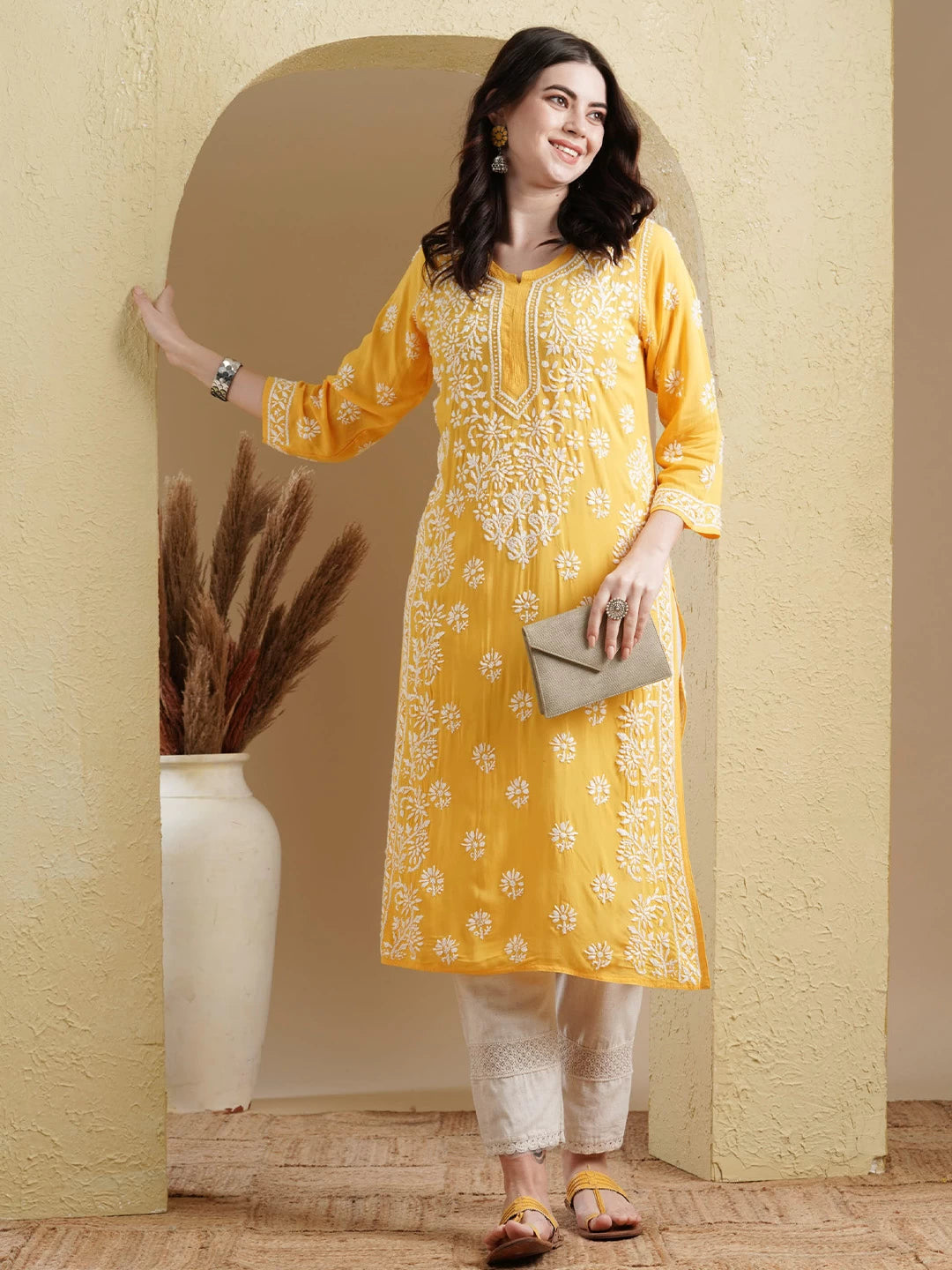 Ada Hand Embroidered Yellow Modal Lucknowi Chikankari Straight Kurta A411554