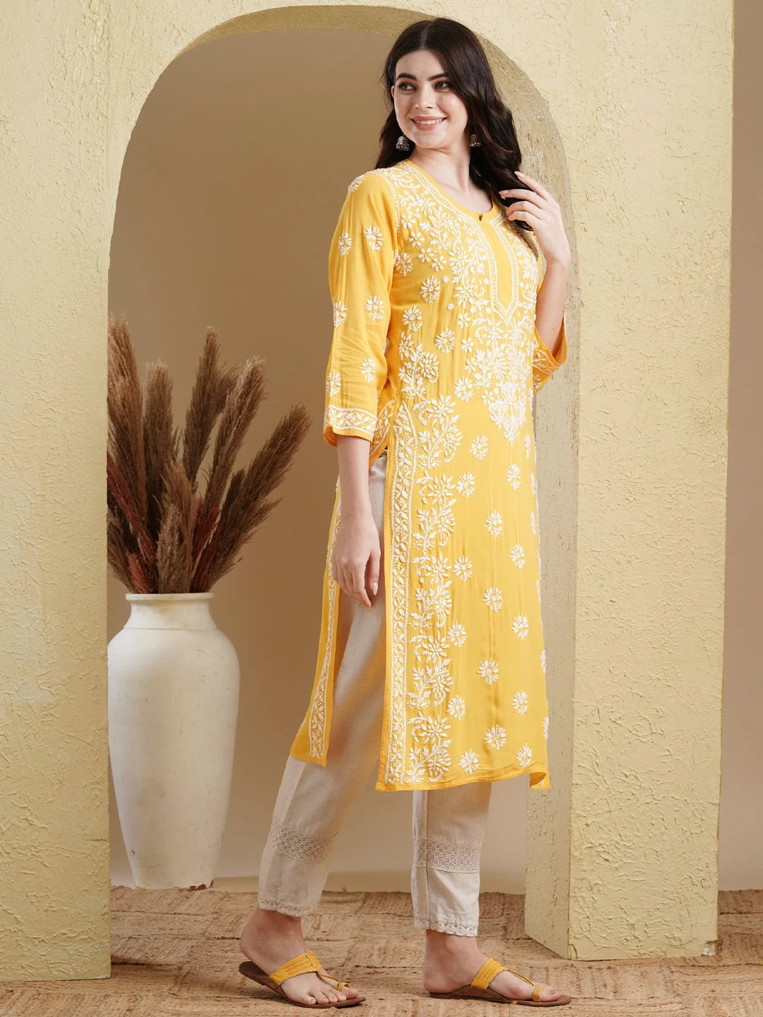 Ada Hand Embroidered Yellow Modal Lucknowi Chikankari Straight Kurta A411554