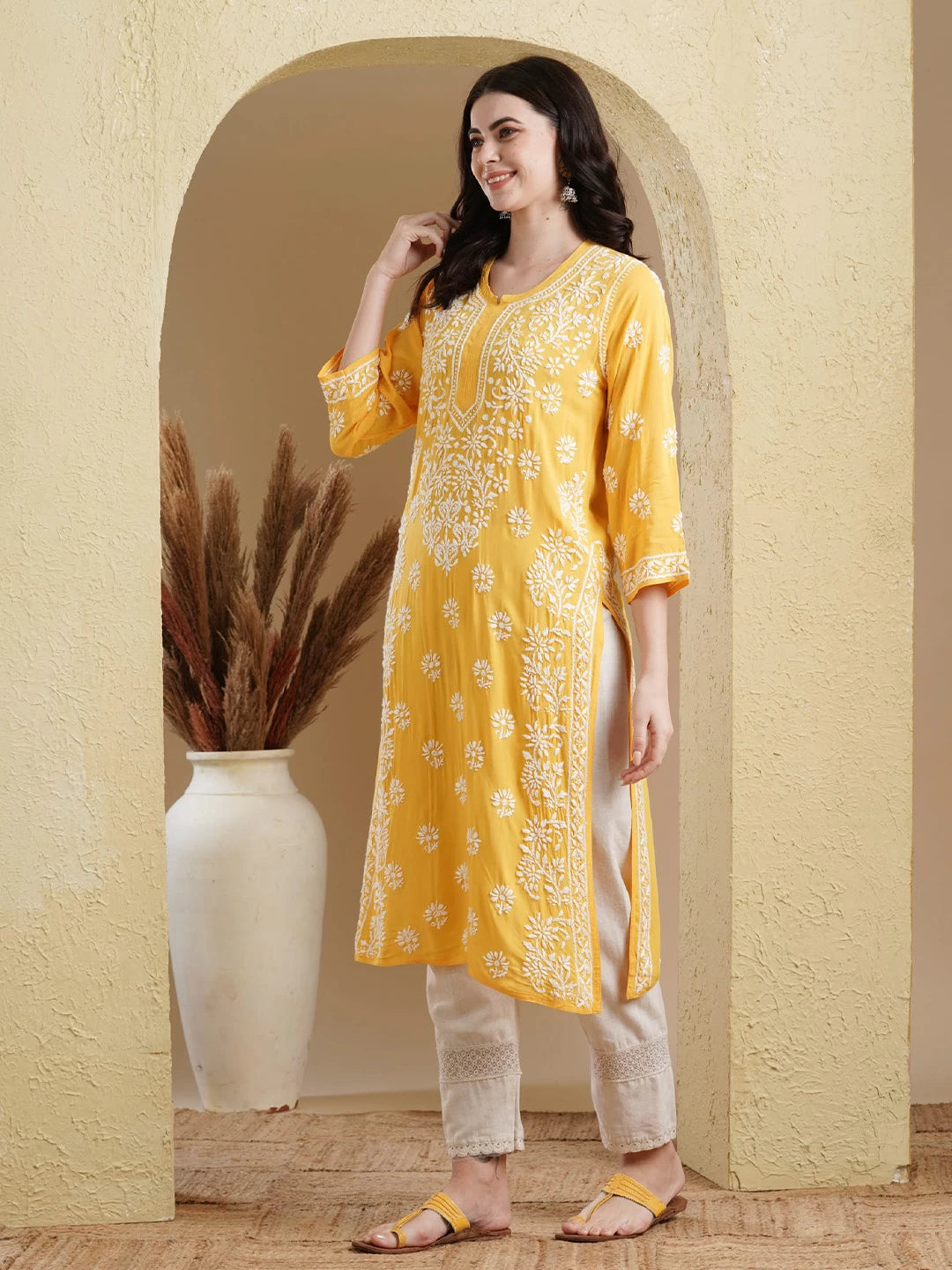 Ada Hand Embroidered Yellow Modal Lucknowi Chikankari Straight Kurta A411554