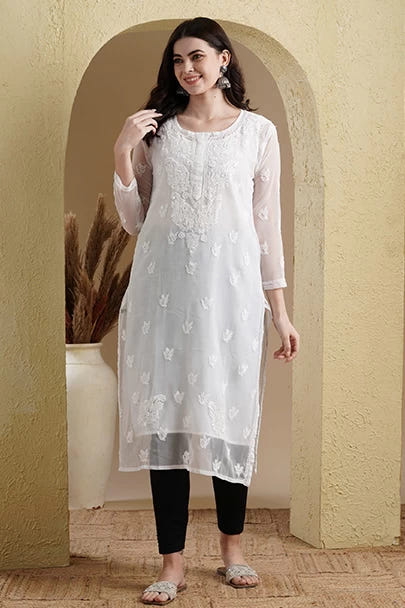 Ada Hand Embroidered White Georgette Lucknowi Chikankari Straight Kurta Set With Slip A811191