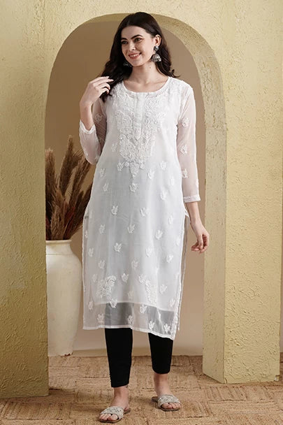 Ada Hand Embroidered White Georgette Lucknowi Chikankari Straight Kurta Set With Slip A811191