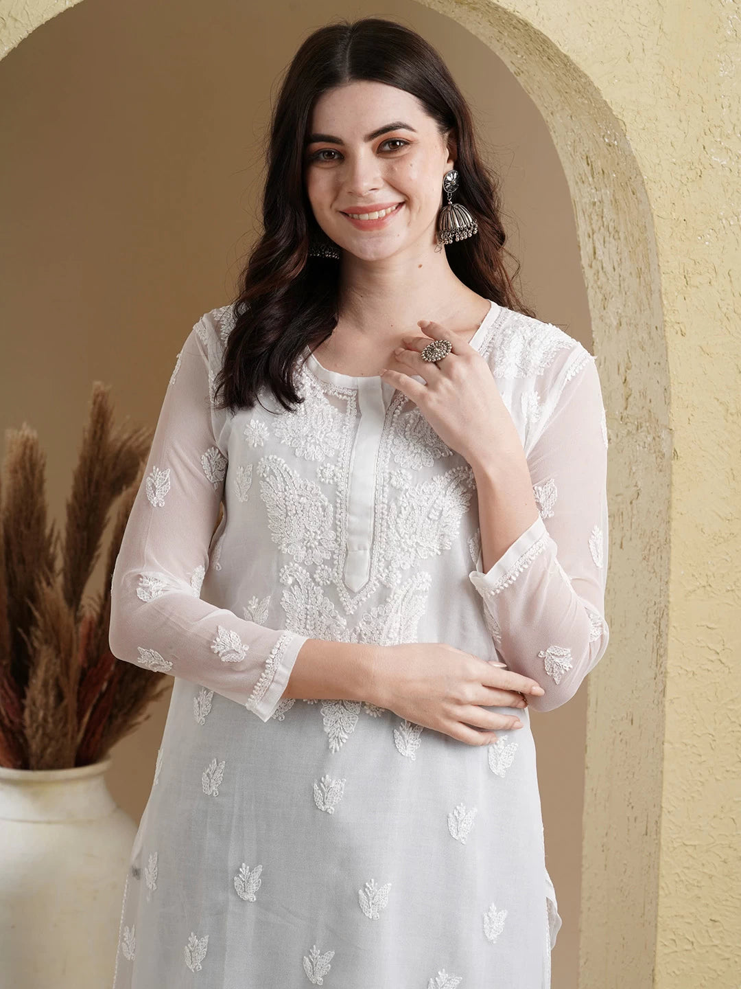 Ada Hand Embroidered White Georgette Lucknowi Chikankari Straight Kurta Set With Slip A811191