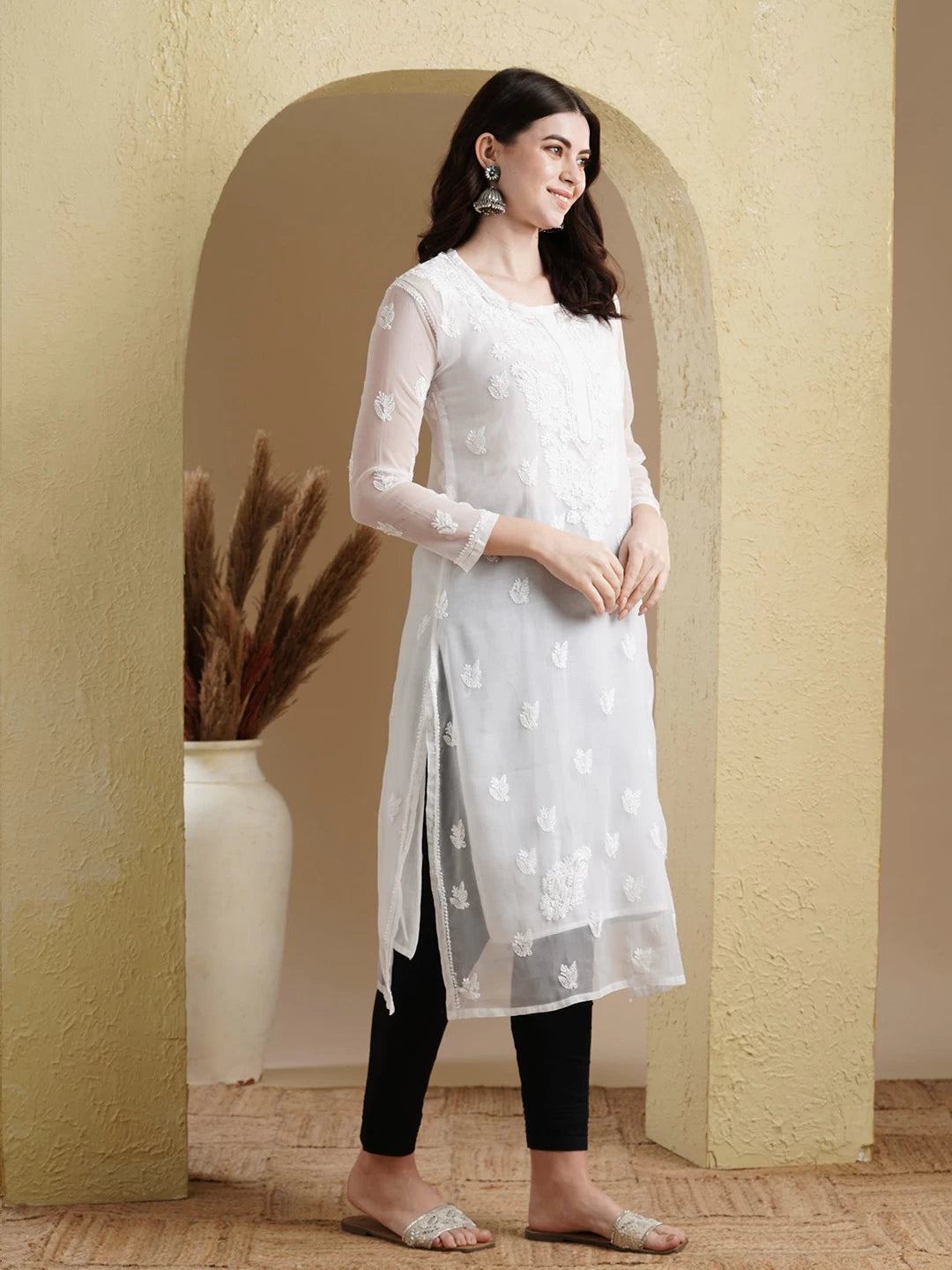 Ada Hand Embroidered White Georgette Lucknowi Chikankari Straight Kurta Set With Slip A811191