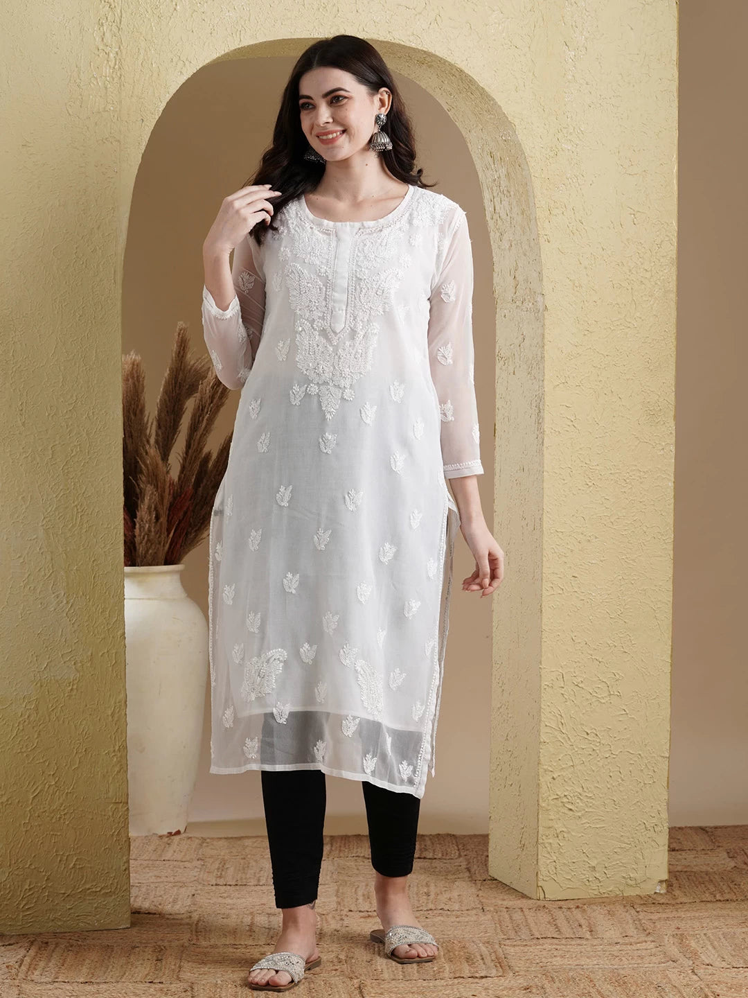 Ada Hand Embroidered White Georgette Lucknowi Chikankari Straight Kurta Set With Slip A811191