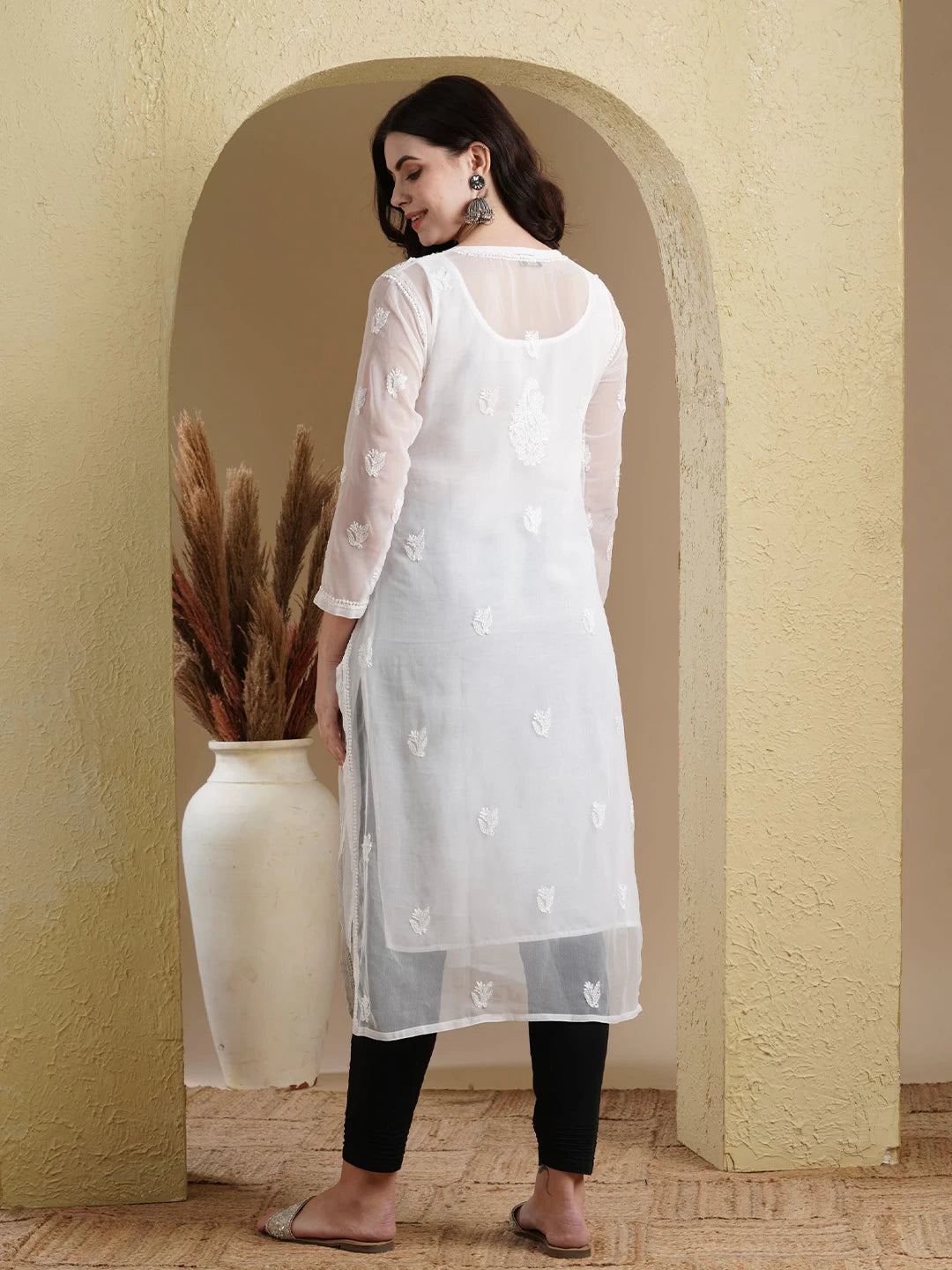 Ada Hand Embroidered White Georgette Lucknowi Chikankari Straight Kurta Set With Slip A811191