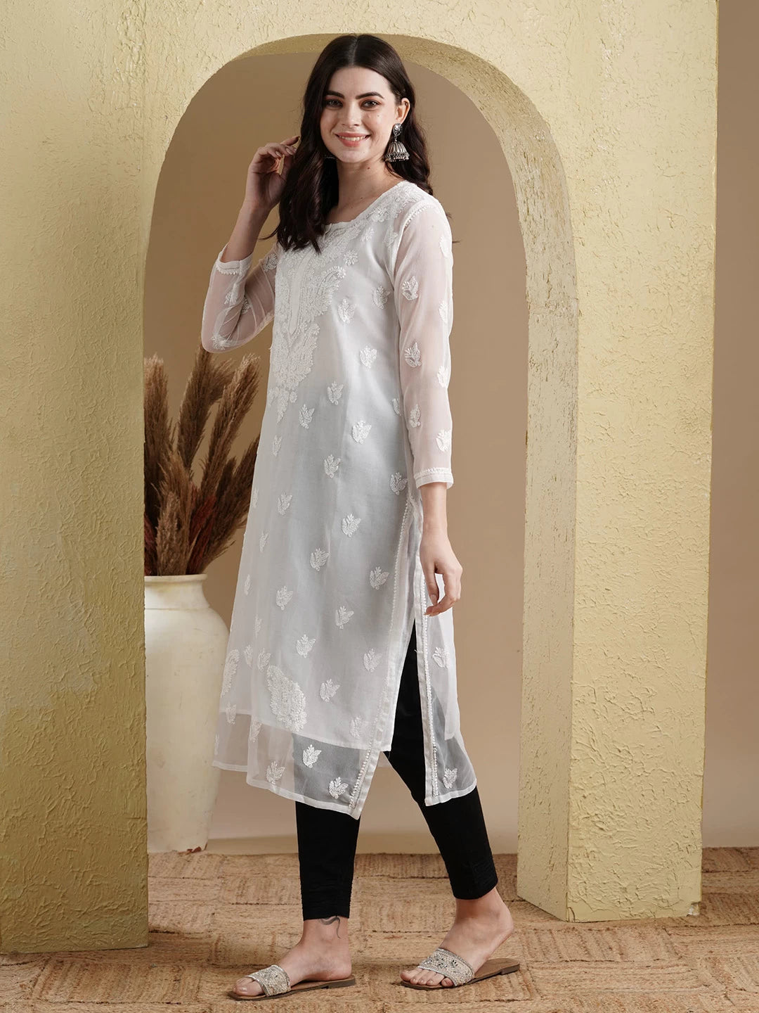 Ada Hand Embroidered White Georgette Lucknowi Chikankari Straight Kurta Set With Slip A811191