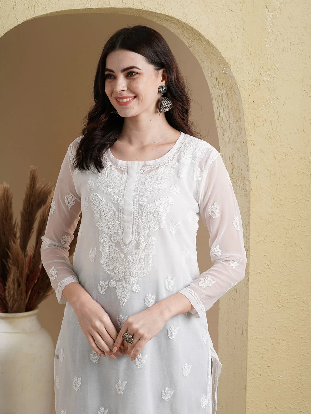 Ada Hand Embroidered White Georgette Lucknowi Chikankari Straight Kurta Set With Slip A811191