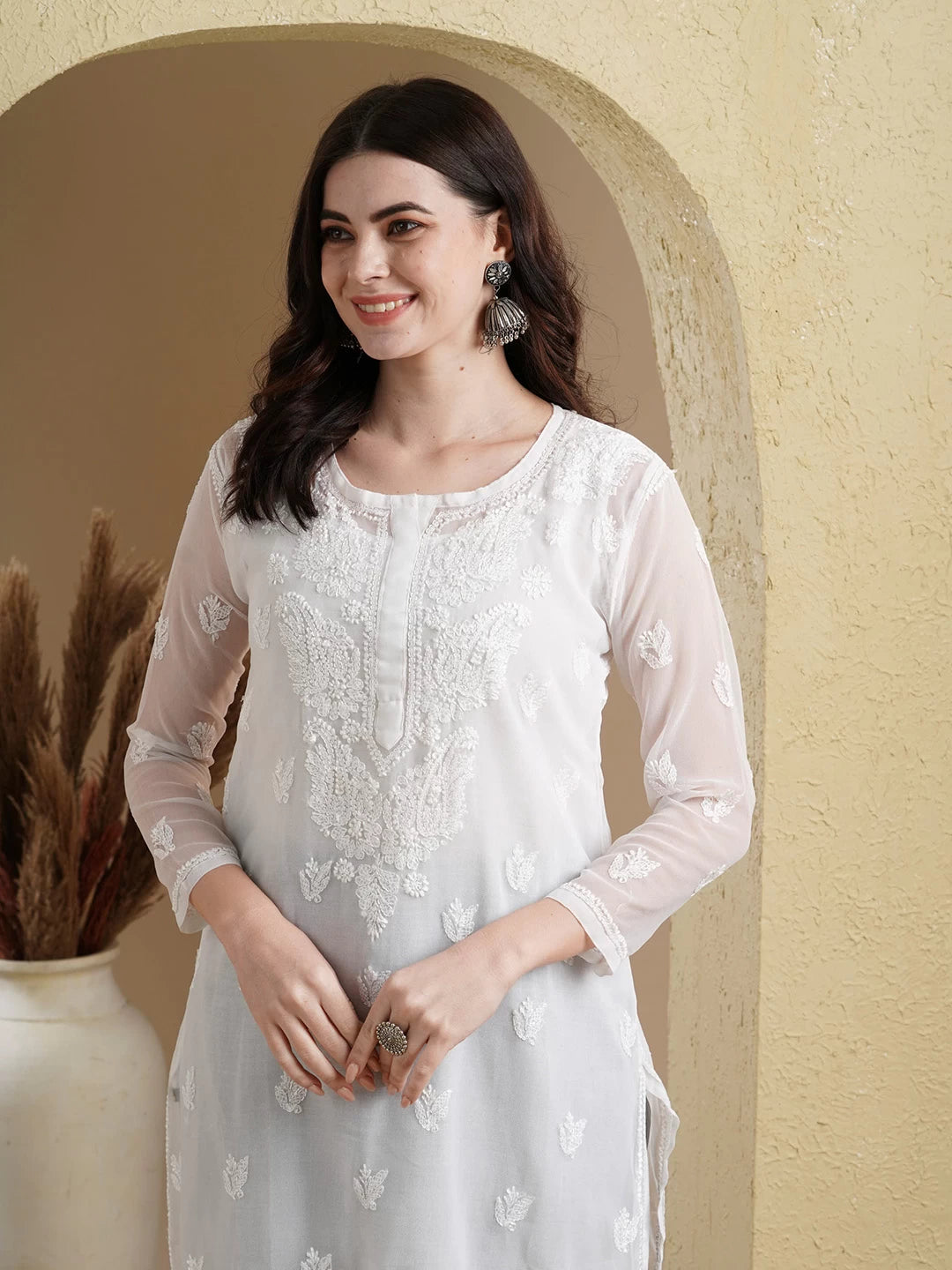 Ada Hand Embroidered White Georgette Lucknowi Chikankari Straight Kurta Set With Slip A811191