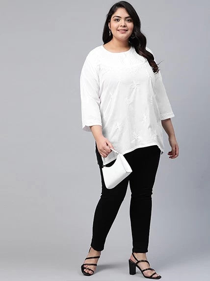 Ada Hand Embroidered White Cotton Lucknowi Chikankari Straight Kurti A296140
