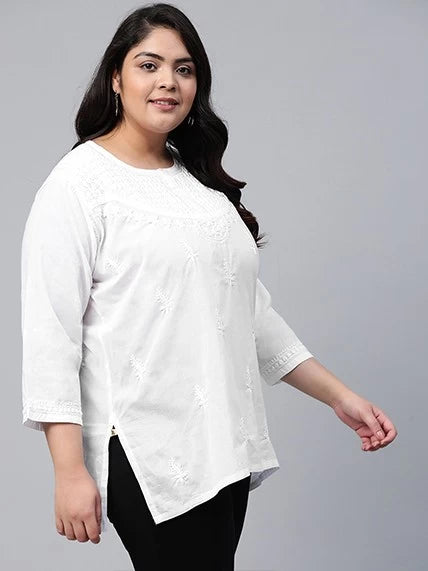 Ada Hand Embroidered White Cotton Lucknowi Chikankari Straight Kurti A296140