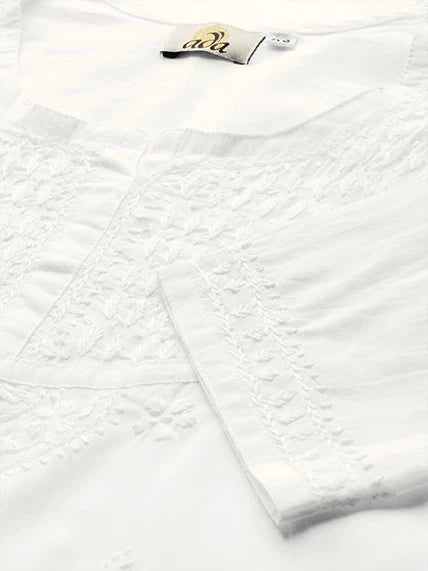 Ada Hand Embroidered White Cotton Lucknowi Chikankari Straight Kurti A296140