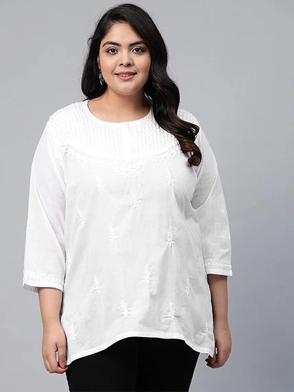 Ada Hand Embroidered White Cotton Lucknowi Chikankari Straight Kurti A296140