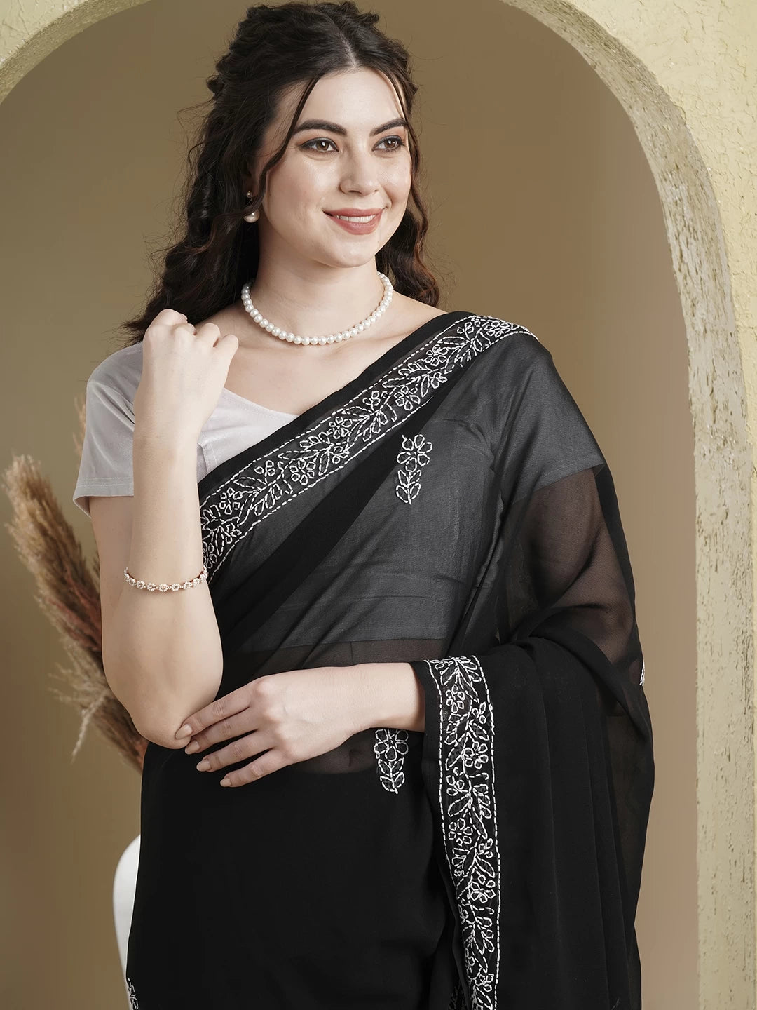 Ada Hand Embroidered Black Georgette Lucknowi Chikankari Saree With Blouse A191792