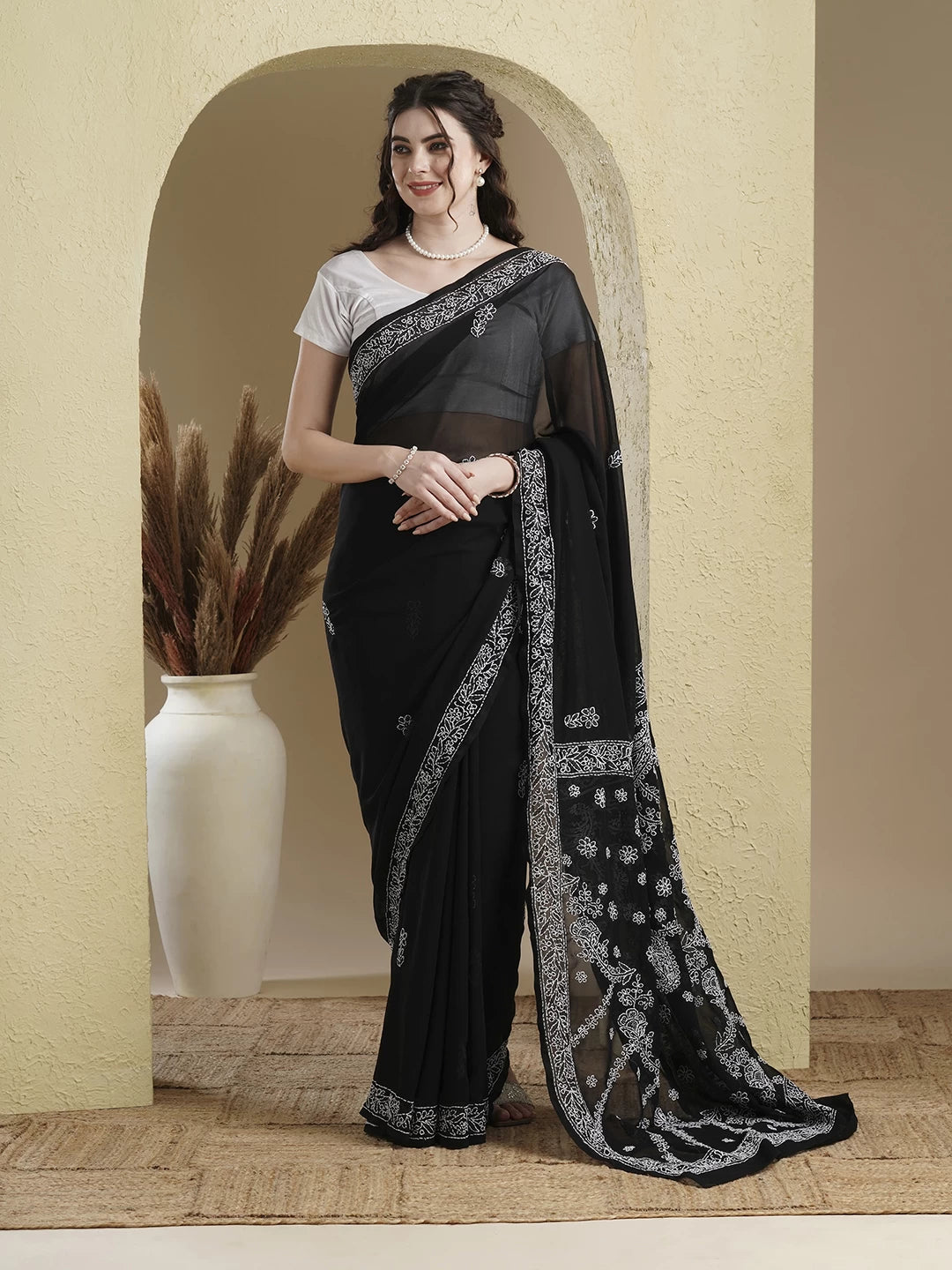 Ada Hand Embroidered Black Georgette Lucknowi Chikankari Saree With Blouse A191792