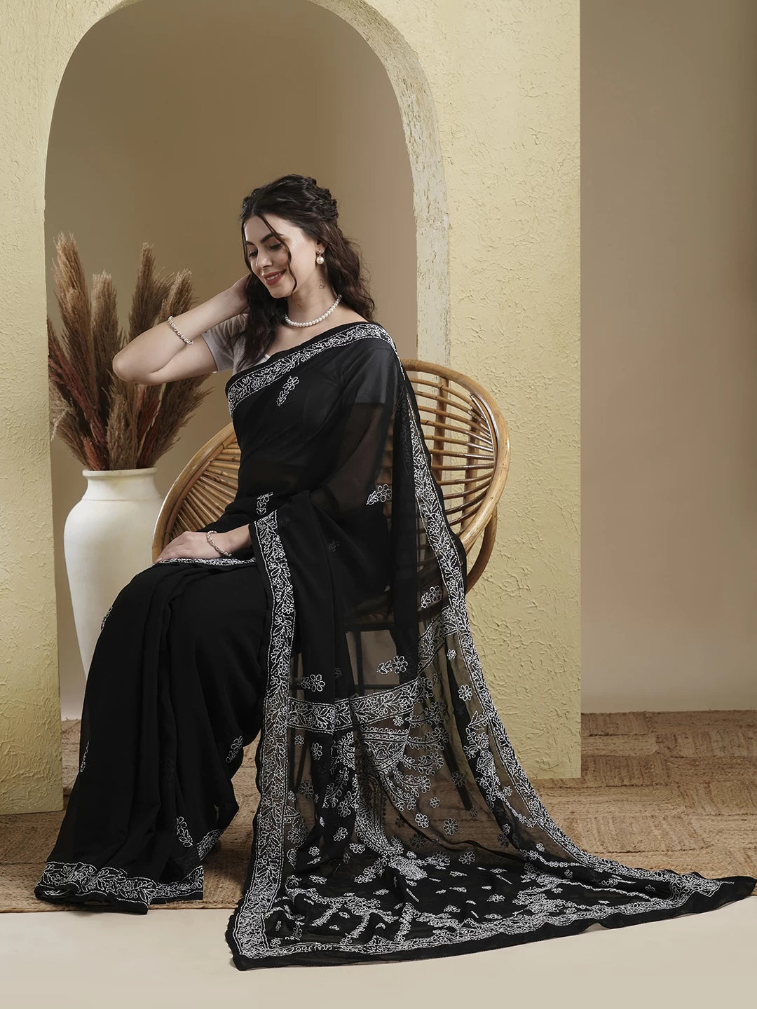 Ada Hand Embroidered Black Georgette Lucknowi Chikankari Saree With Blouse A191792