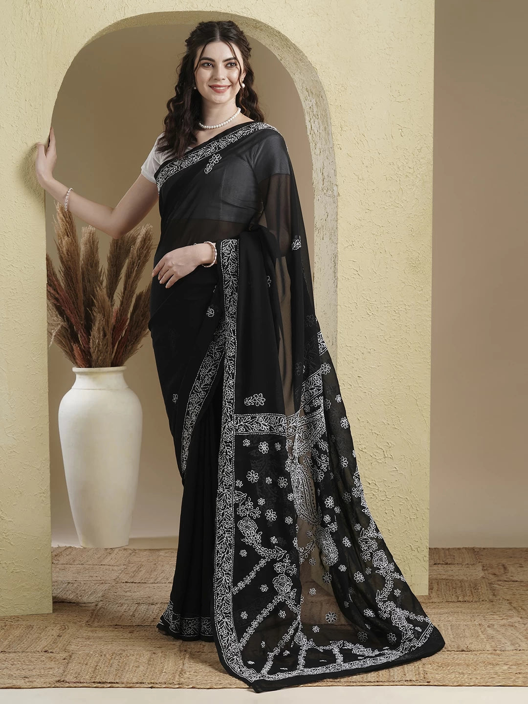 Ada Hand Embroidered Black Georgette Lucknowi Chikankari Saree With Blouse A191792