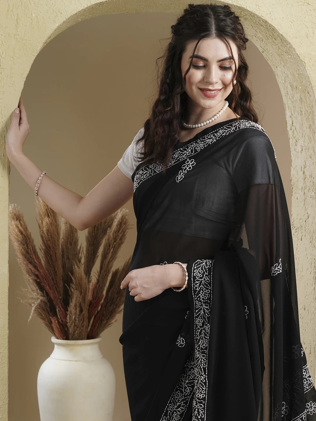 Ada Hand Embroidered Black Georgette Lucknowi Chikankari Saree With Blouse A191792