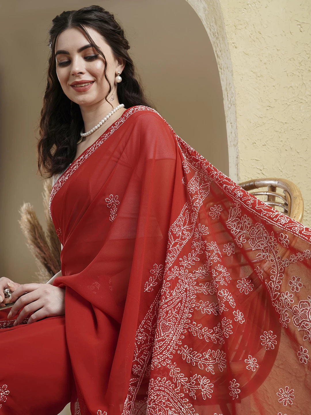 Ada Hand Embroidered Red Georgette Lucknowi Chikankari Saree With Blouse A183182