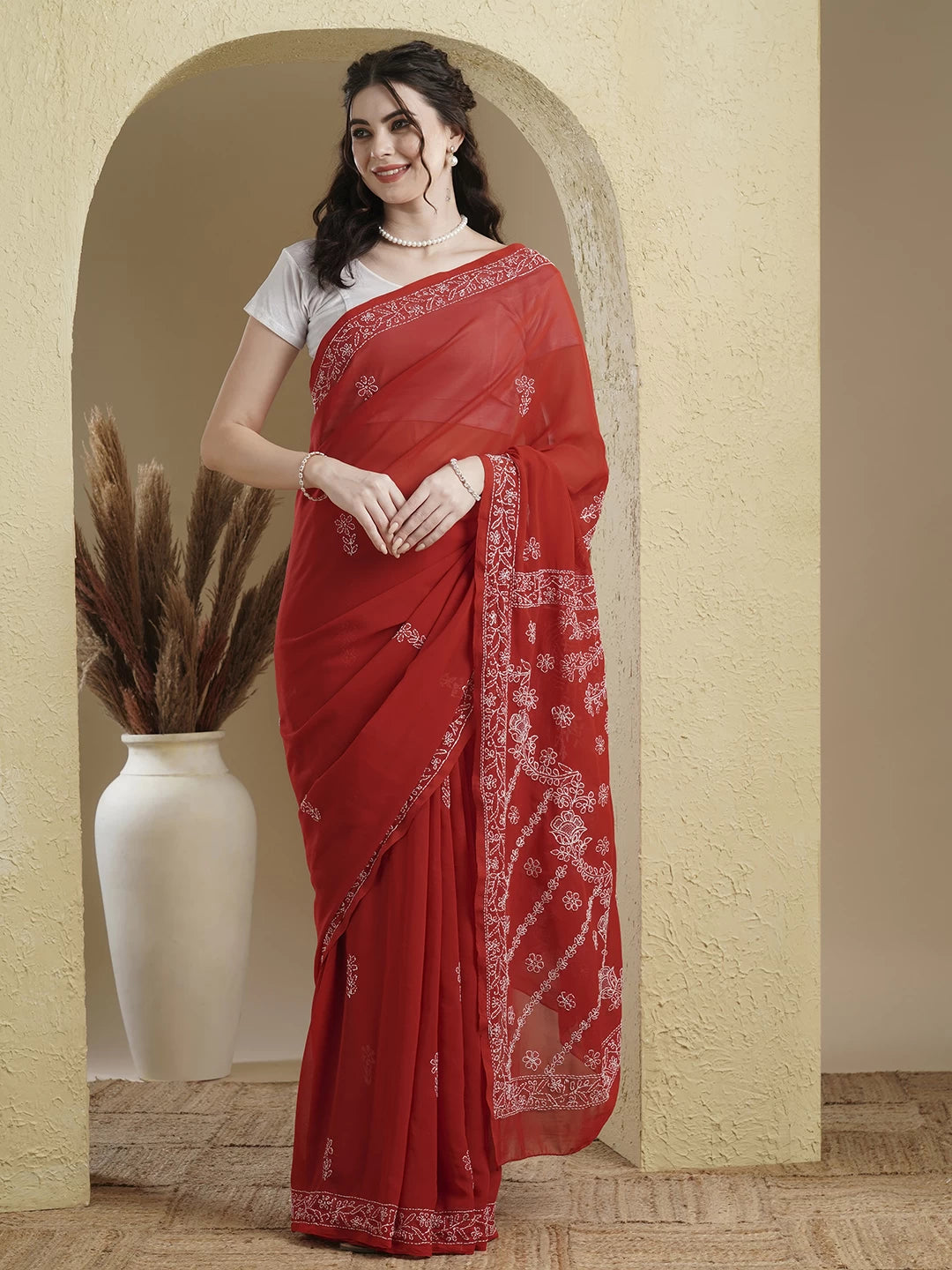 Ada Hand Embroidered Red Georgette Lucknowi Chikankari Saree With Blouse A183182