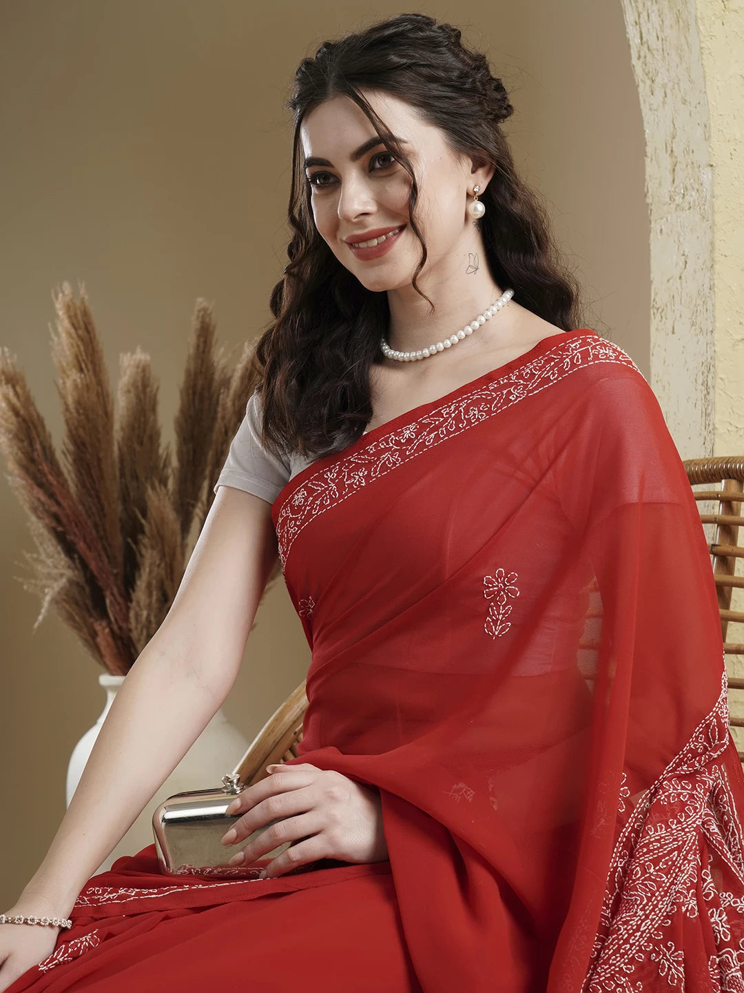 Ada Hand Embroidered Red Georgette Lucknowi Chikankari Saree With Blouse A183182