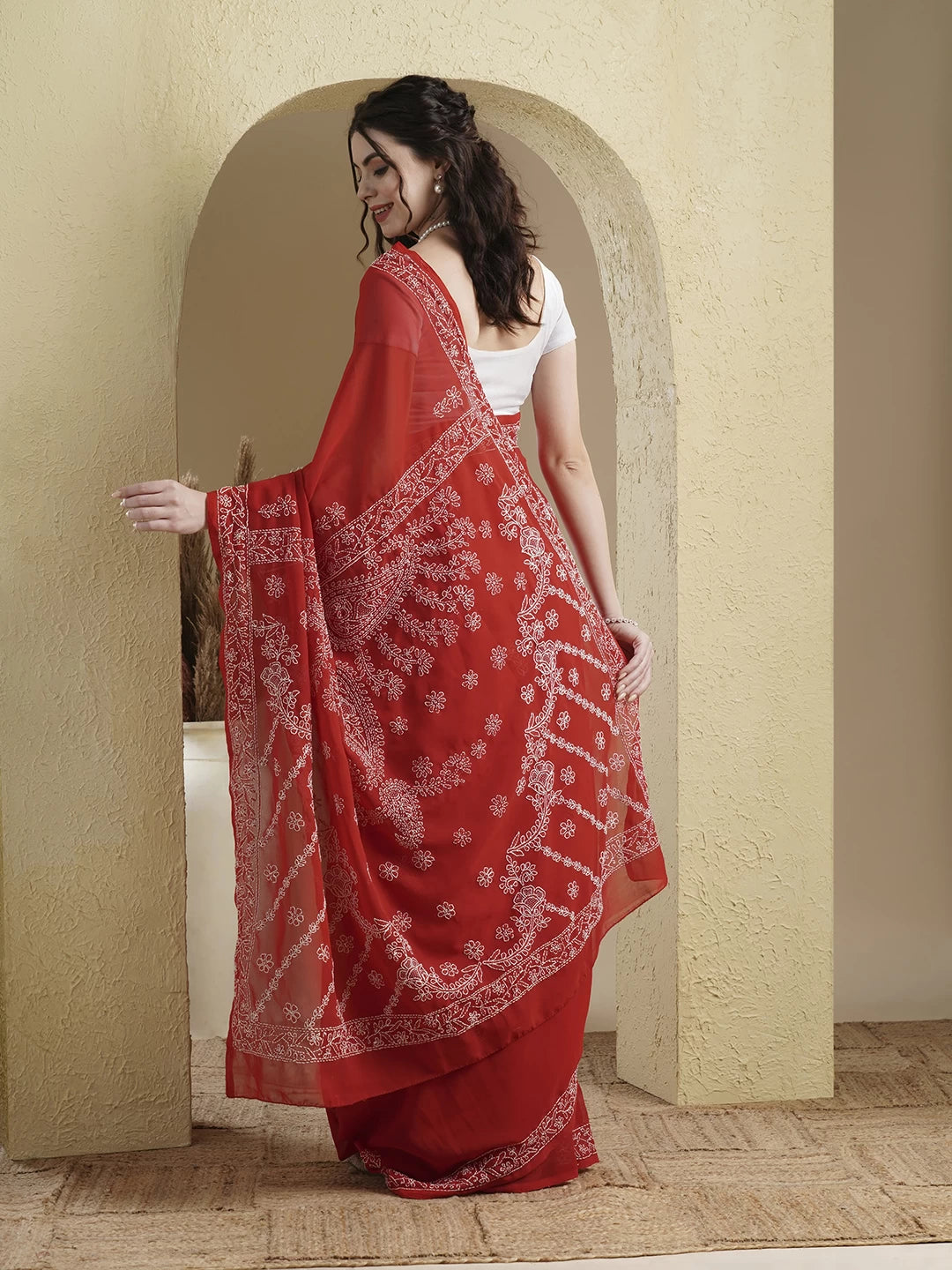 Ada Hand Embroidered Red Georgette Lucknowi Chikankari Saree With Blouse A183182