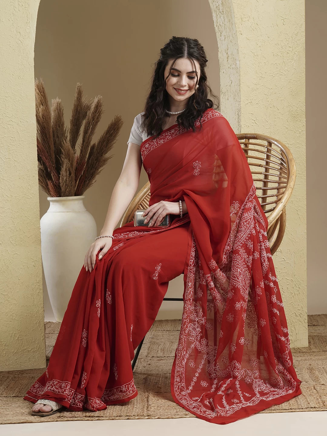Ada Hand Embroidered Red Georgette Lucknowi Chikankari Saree With Blouse A183182