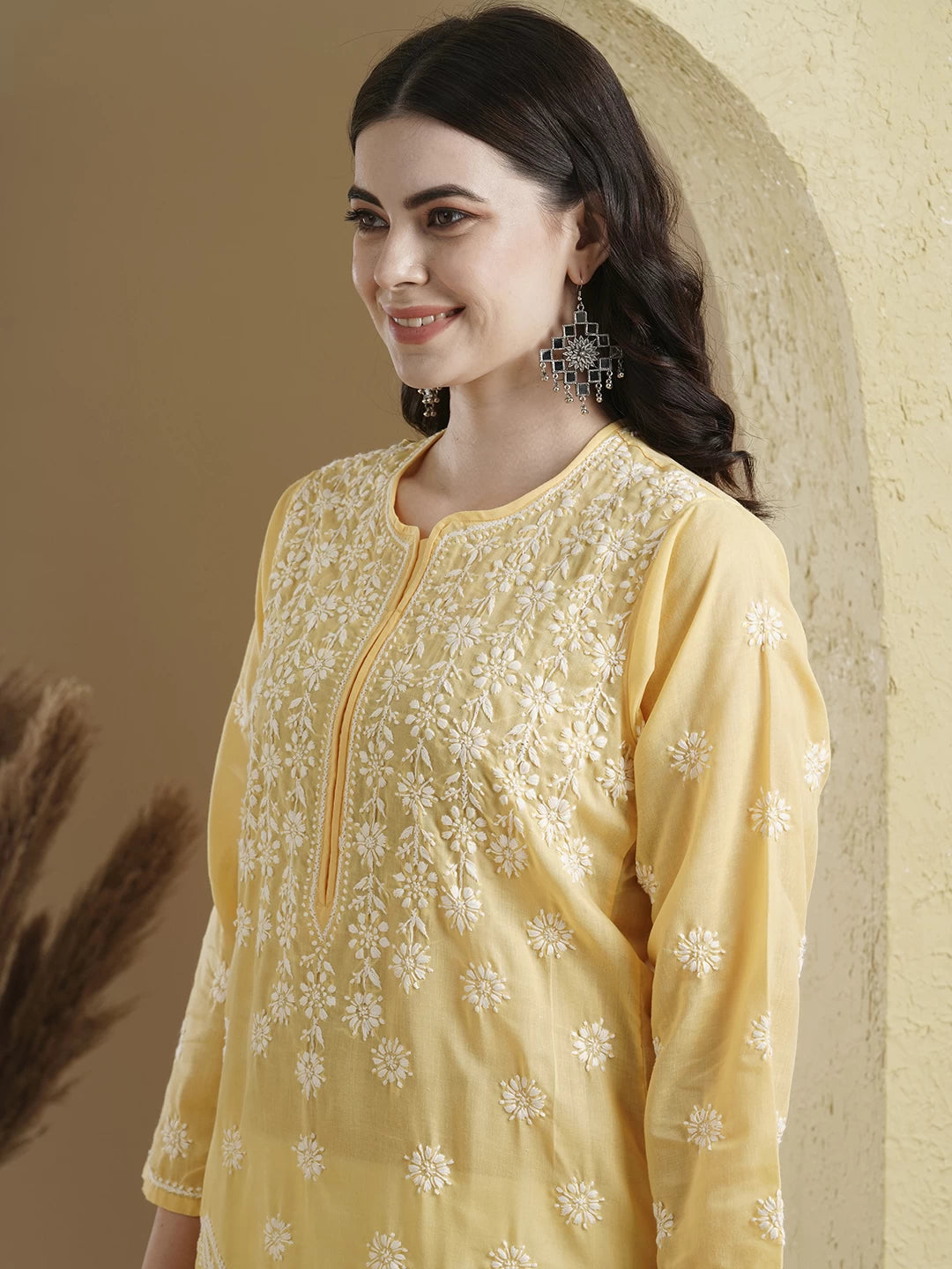 Ada Hand Embroidered Yellow Cotton Lucknowi Chikankari Straight Kurta A100296