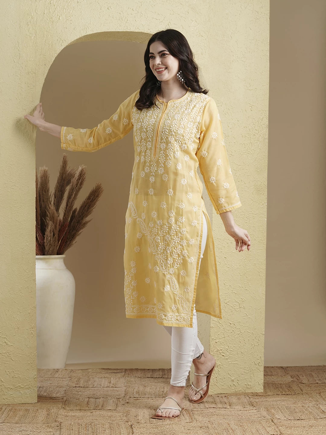 Ada Hand Embroidered Yellow Cotton Lucknowi Chikankari Straight Kurta A100296