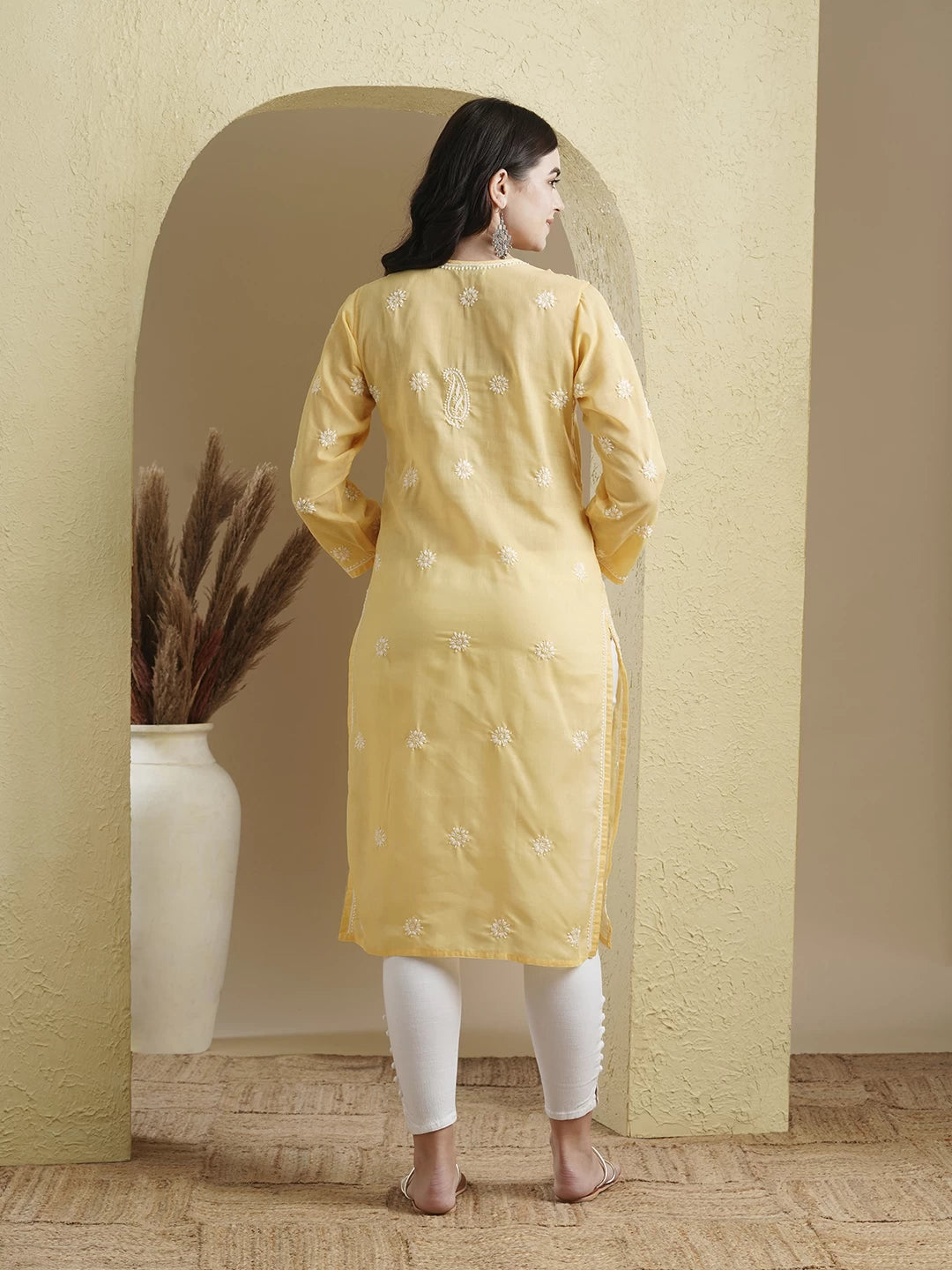 Ada Hand Embroidered Yellow Cotton Lucknowi Chikankari Straight Kurta A100296