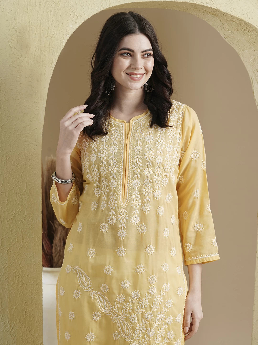 Ada Hand Embroidered Yellow Cotton Lucknowi Chikankari Straight Kurta A100296