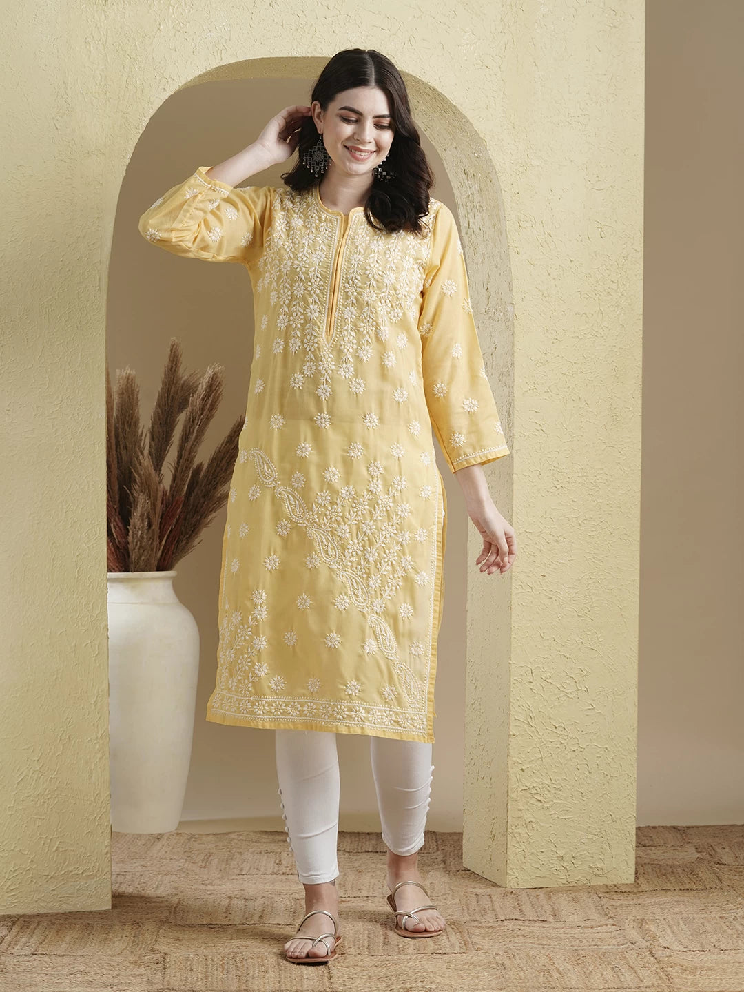 Ada Hand Embroidered Yellow Cotton Lucknowi Chikankari Straight Kurta A100296