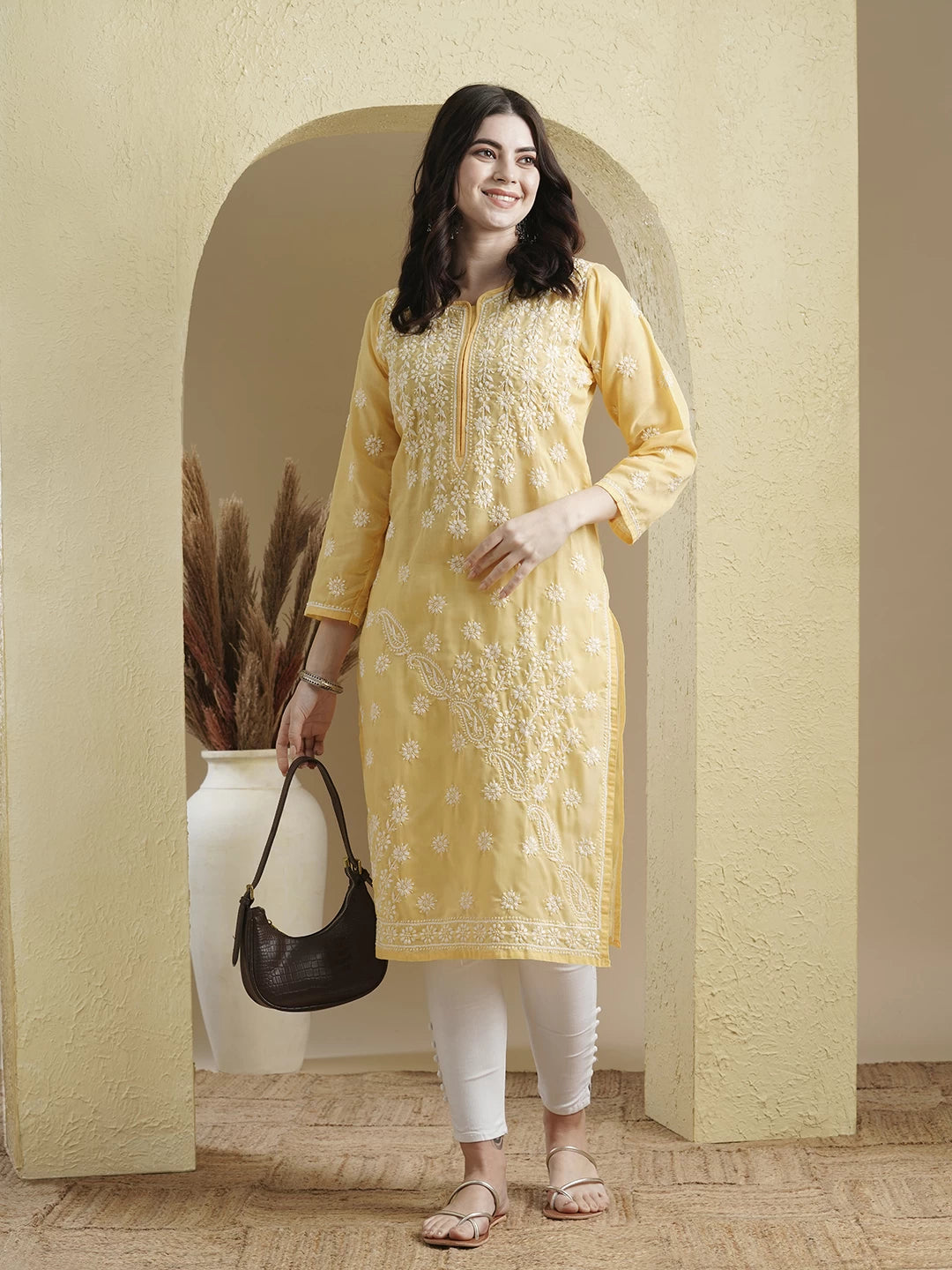 Ada Hand Embroidered Yellow Cotton Lucknowi Chikankari Straight Kurta A100296